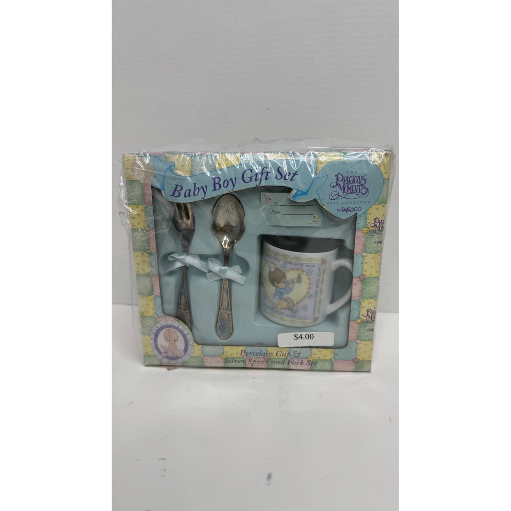 Vintage 1996 Precious Moments Baby Boy Gift Set Porcelain Cup Silver Spoon Fork